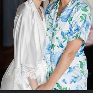 Women's Satin Pajama Sleepwear Set - Blue Floral XS TOP/ Medium Bottom